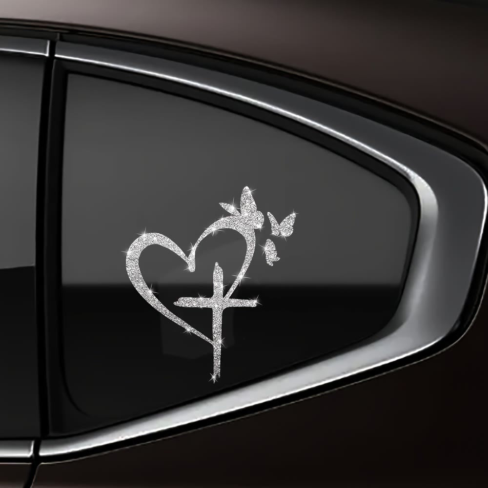 Christianartworkshop Glitzernder Autoaufkleber mit Herz, Kreuz und Schmetterlingssilhouette – wasserfest: Ein Symbol heiliger Liebe - Weiß - image 0