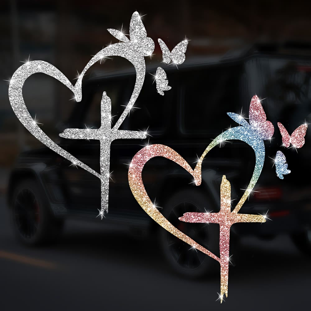 Christianartworkshop Glitzernder Autoaufkleber mit Herz, Kreuz und Schmetterlingssilhouette – wasserfest: Ein Symbol heiliger Liebe - image 1