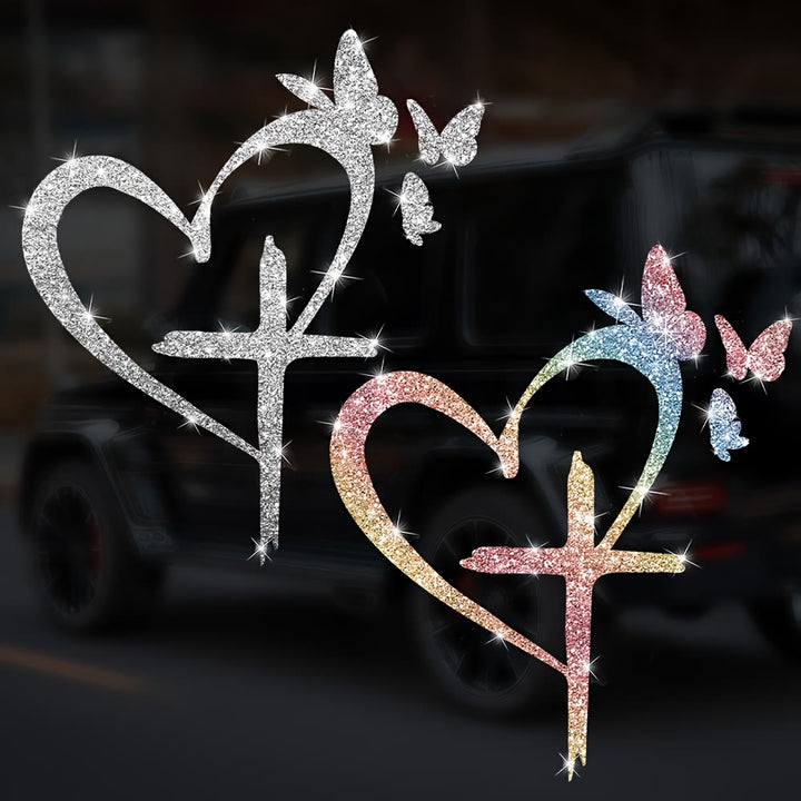 Christianartworkshop Glitzernder Autoaufkleber mit Herz, Kreuz und Schmetterlingssilhouette – wasserfest: Ein Symbol heiliger Liebe - image 1