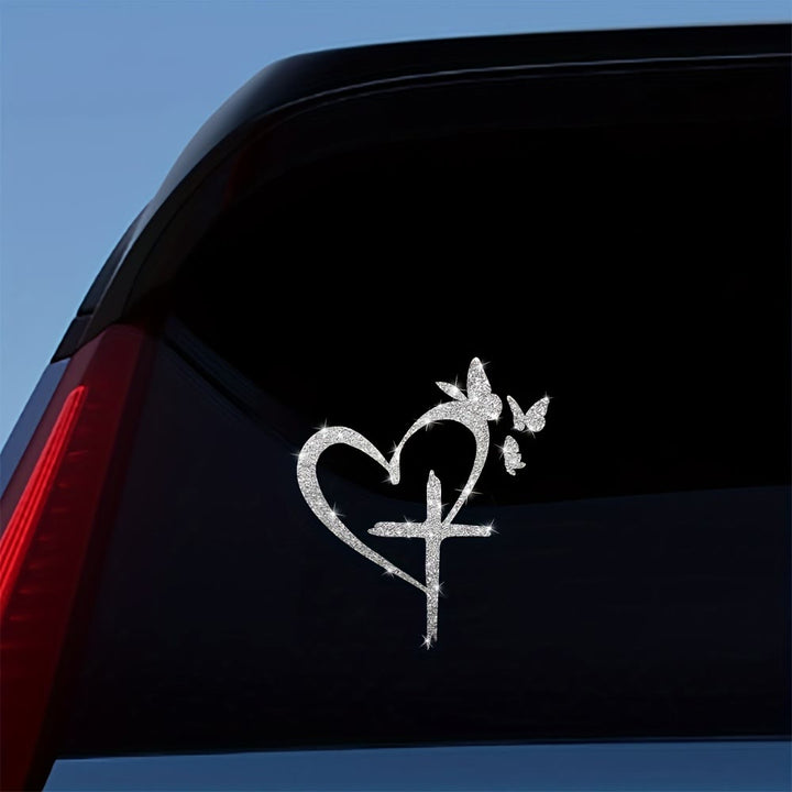 Christianartworkshop Glitzernder Autoaufkleber mit Herz, Kreuz und Schmetterlingssilhouette – wasserfest: Ein Symbol heiliger Liebe - image 3