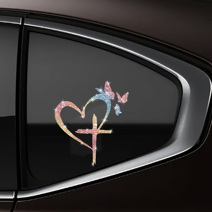 Christianartworkshop Glitzernder Autoaufkleber mit Herz, Kreuz und Schmetterlingssilhouette – wasserfest: Ein Symbol heiliger Liebe - Mehrfarbig - image 5