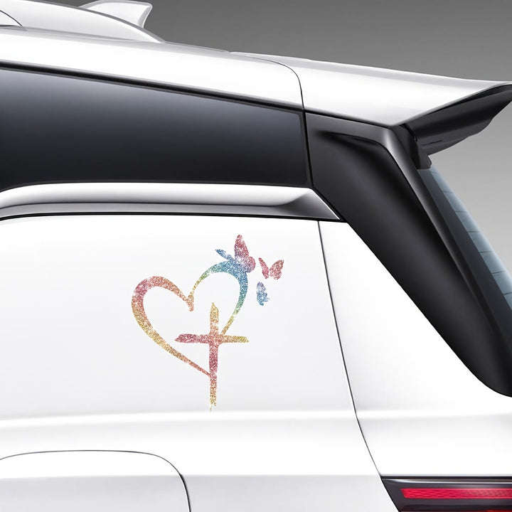 Christianartworkshop Glitzernder Autoaufkleber mit Herz, Kreuz und Schmetterlingssilhouette – wasserfest: Ein Symbol heiliger Liebe - image 6