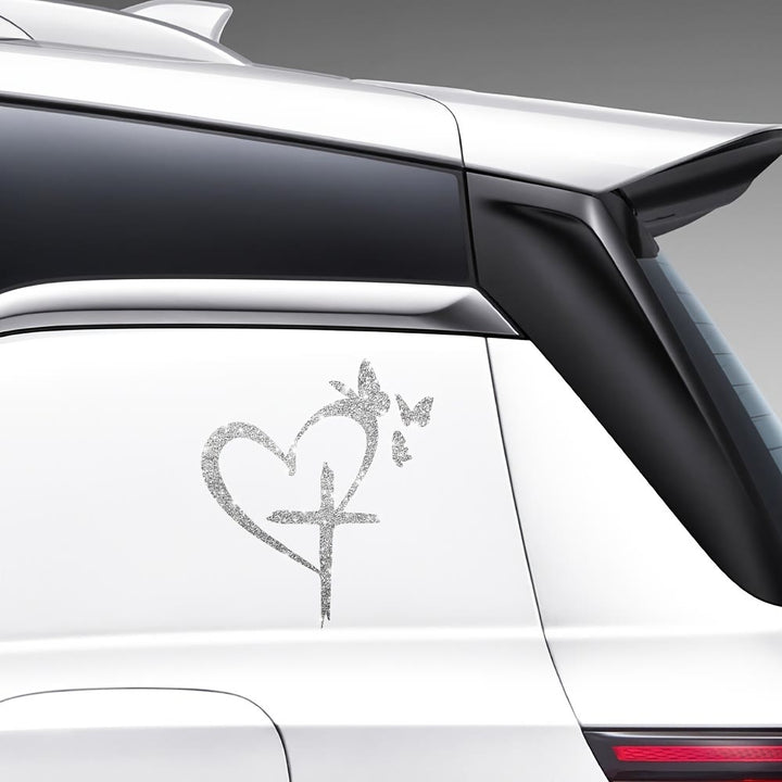 Christianartworkshop Glitzernder Autoaufkleber mit Herz, Kreuz und Schmetterlingssilhouette – wasserfest: Ein Symbol heiliger Liebe - image 4