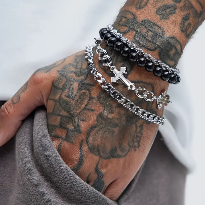 Christianartworkshop 4-teiliges, mehrlagiges Armbandset mit gedrehtem Seil, Panzerkette und schwarzem, rundem Perlenkreuzanhänger - image 1