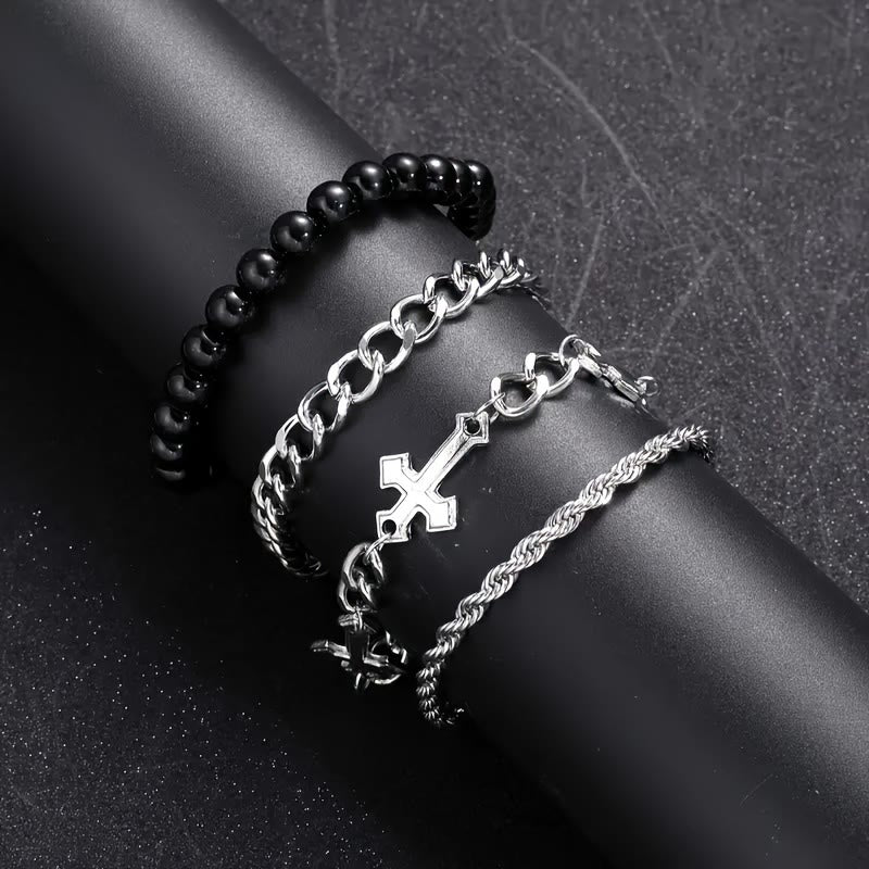 Christianartworkshop 4-teiliges, mehrlagiges Armbandset mit gedrehtem Seil, Panzerkette und schwarzem, rundem Perlenkreuzanhänger - image 5