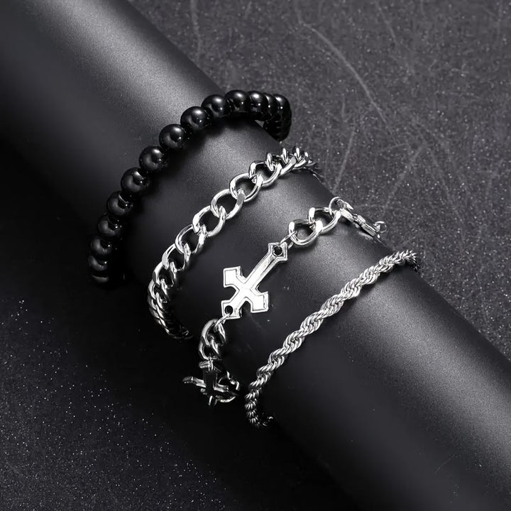 Christianartworkshop 4-teiliges, mehrlagiges Armbandset mit gedrehtem Seil, Panzerkette und schwarzem, rundem Perlenkreuzanhänger - image 5