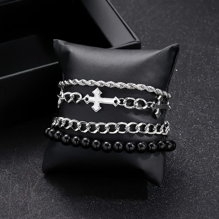 Christianartworkshop 4-teiliges, mehrlagiges Armbandset mit gedrehtem Seil, Panzerkette und schwarzem, rundem Perlenkreuzanhänger - image 4