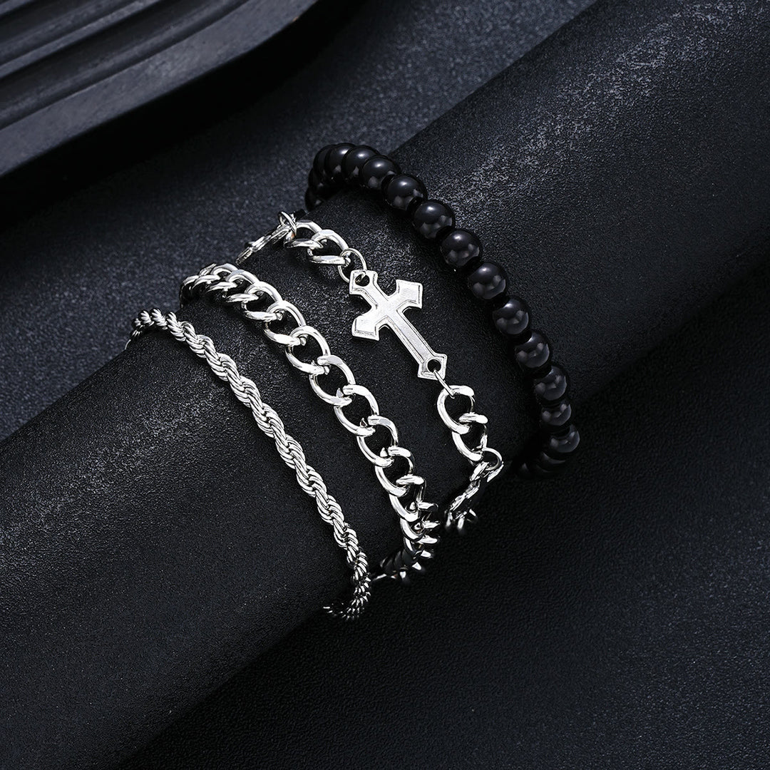 Christianartworkshop 4-teiliges, mehrlagiges Armbandset mit gedrehtem Seil, Panzerkette und schwarzem, rundem Perlenkreuzanhänger - Silber - image 0