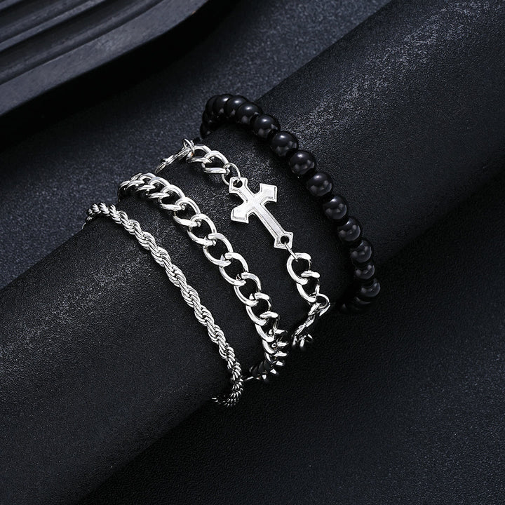 Christianartworkshop 4-teiliges, mehrlagiges Armbandset mit gedrehtem Seil, Panzerkette und schwarzem, rundem Perlenkreuzanhänger - Silber - image 0