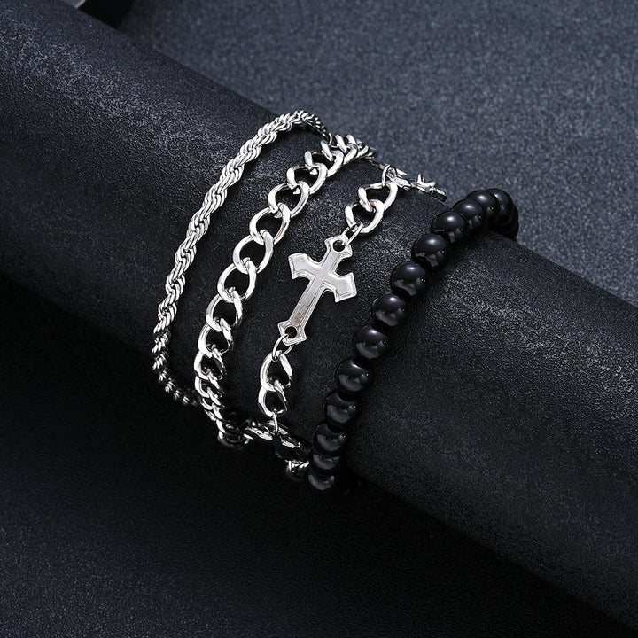 Christianartworkshop 4-teiliges, mehrlagiges Armbandset mit gedrehtem Seil, Panzerkette und schwarzem, rundem Perlenkreuzanhänger - image 6