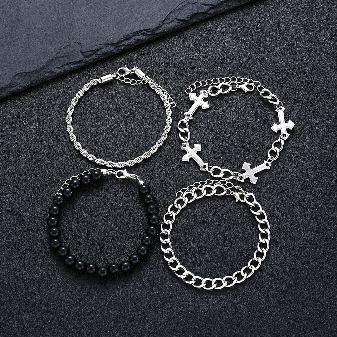 Christianartworkshop 4-teiliges, mehrlagiges Armbandset mit gedrehtem Seil, Panzerkette und schwarzem, rundem Perlenkreuzanhänger - image 7