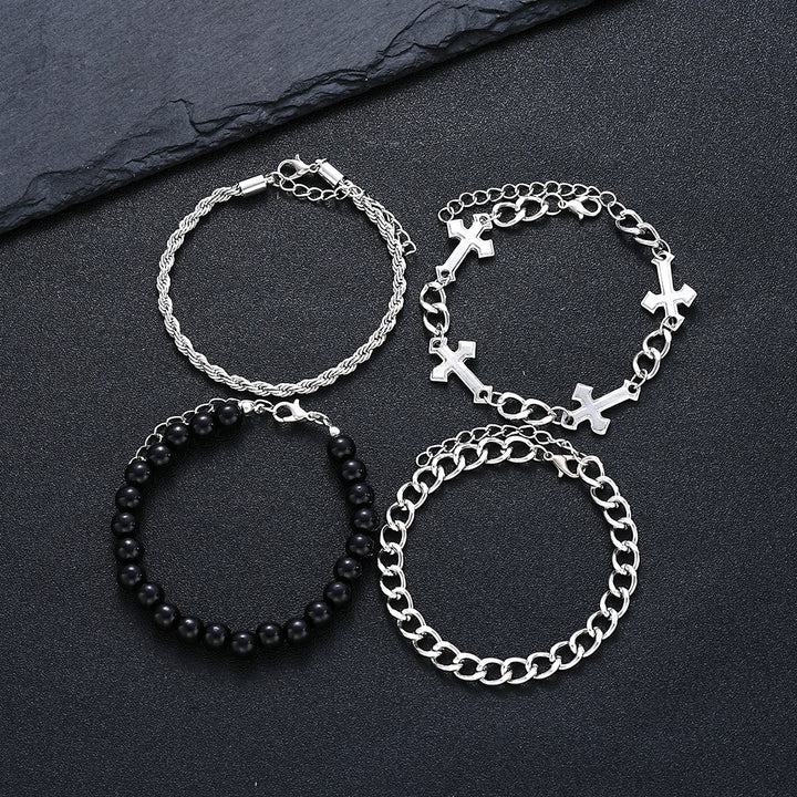 Christianartworkshop 4-teiliges, mehrlagiges Armbandset mit gedrehtem Seil, Panzerkette und schwarzem, rundem Perlenkreuzanhänger - image 7