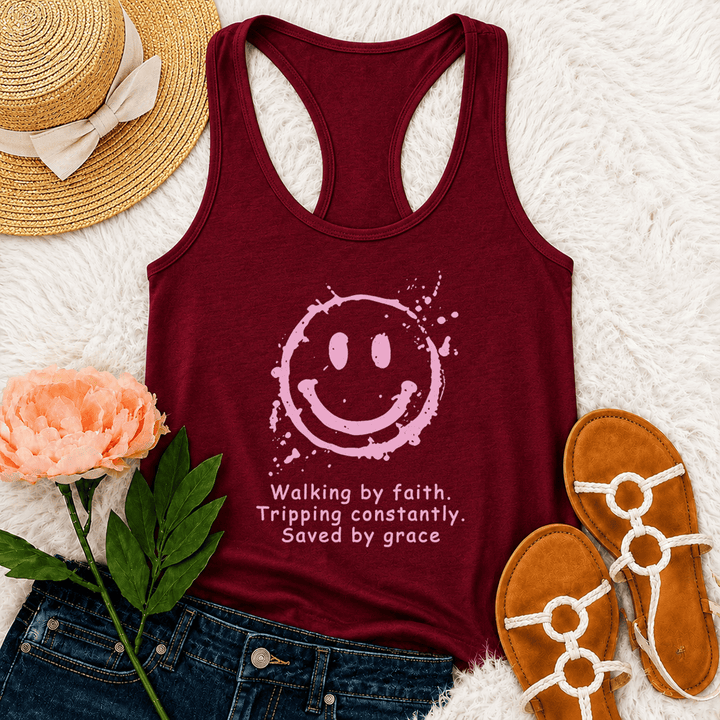 Christianartworkshop Walking By Faith Saved By Grace Racerback Tank Top - Wein - 2XL - image 24