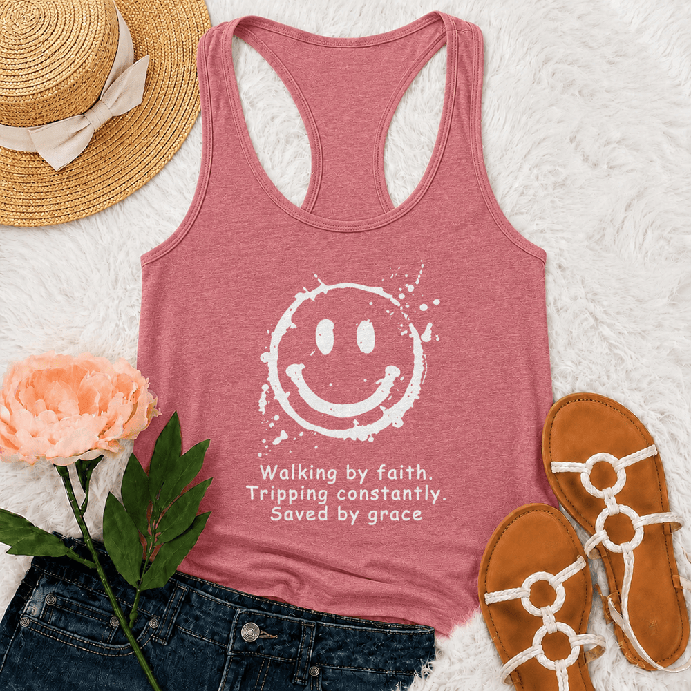 Christianartworkshop Walking By Faith Saved By Grace Racerback Tank Top - Rosa - 2XL - image 0