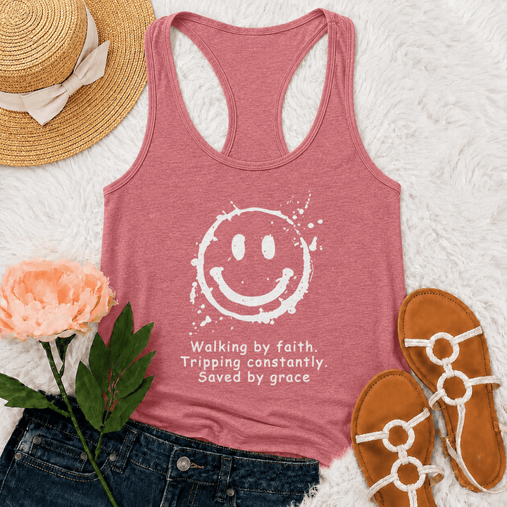 Christianartworkshop Walking By Faith Saved By Grace Racerback Tank Top - Rosa - 2XL - image 0