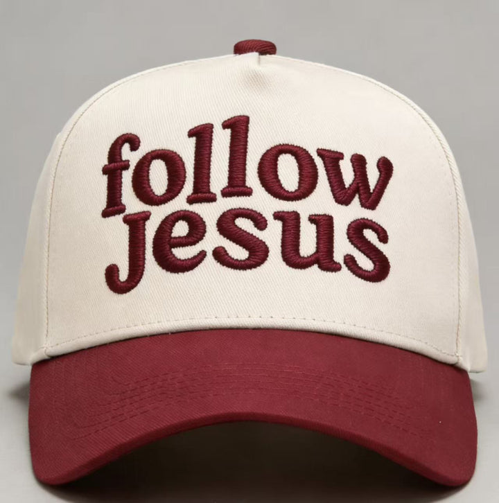 Christianartworkshop Zweifarbige Unisex-Baseballkappe mit gebogenem Schirm und Stickerei „Folge Jesus“. - Burgund - image 2