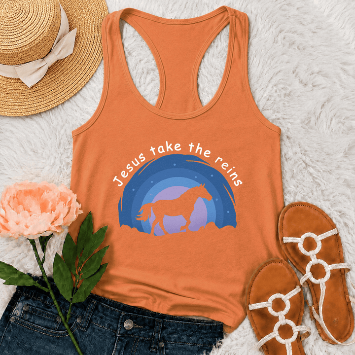 Christianartworkshop Cowgirl Wild Horse Jesus Take The Reins Racerback Tank Top - Orange - 2XL - image 27