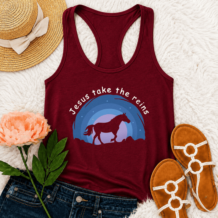Christianartworkshop Cowgirl Wild Horse Jesus Take The Reins Racerback Tank Top - Wein - 2XL - image 0