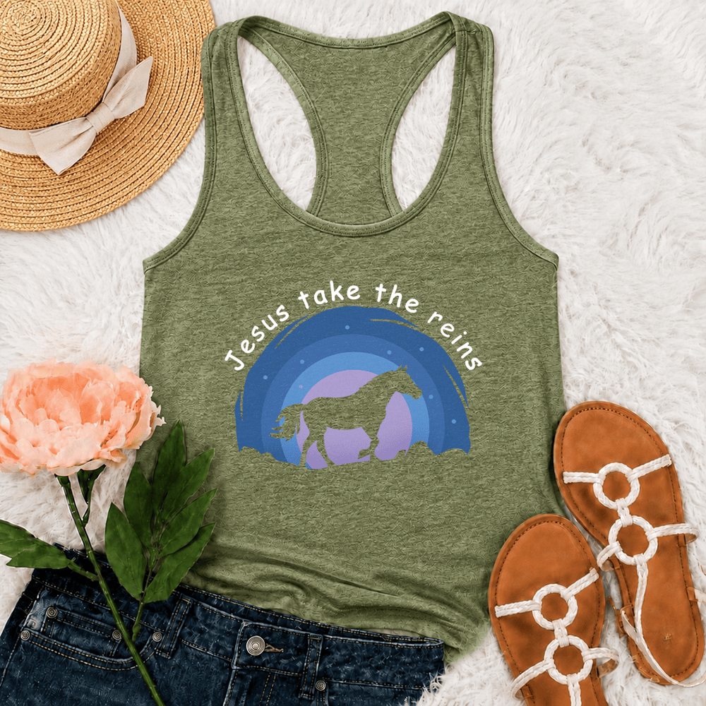 Christianartworkshop Cowgirl Wild Horse Jesus Take The Reins Racerback Tank Top - Olivgrün - 2XL - image 18