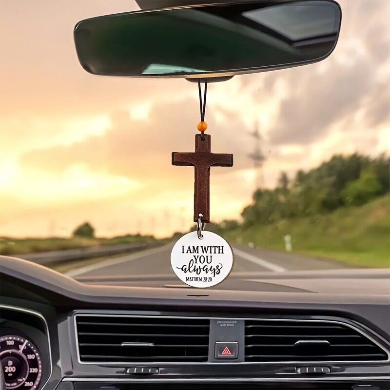 Christianartworkshop Klassisches, geschnitztes Kreuz aus Massivholz mit NFC-Funktion und Matthäus 28,20-Vers als Smart-Car-Anhänger - Weiß - image 0