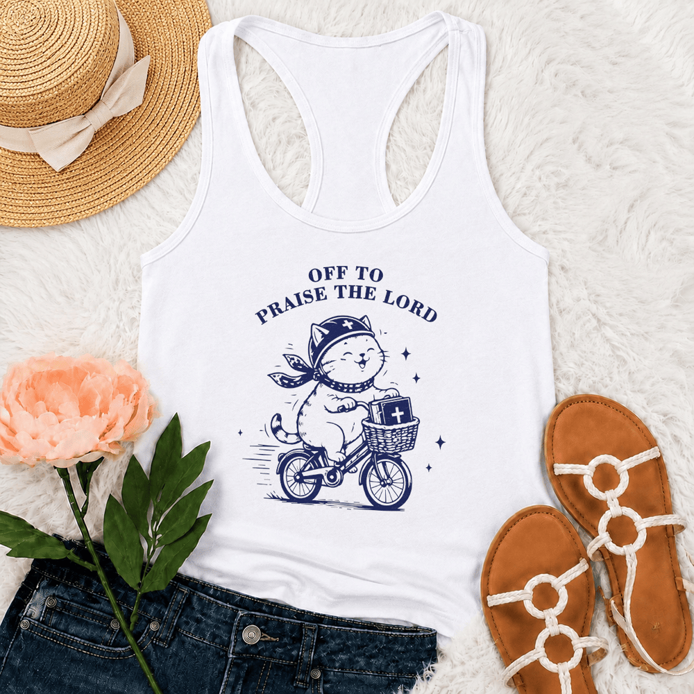 Christianartworkshop Niedliche Katze auf dem Weg zum Lobpreis des Herrn Racerback Tanktop - Weiß - 2XL - image 6