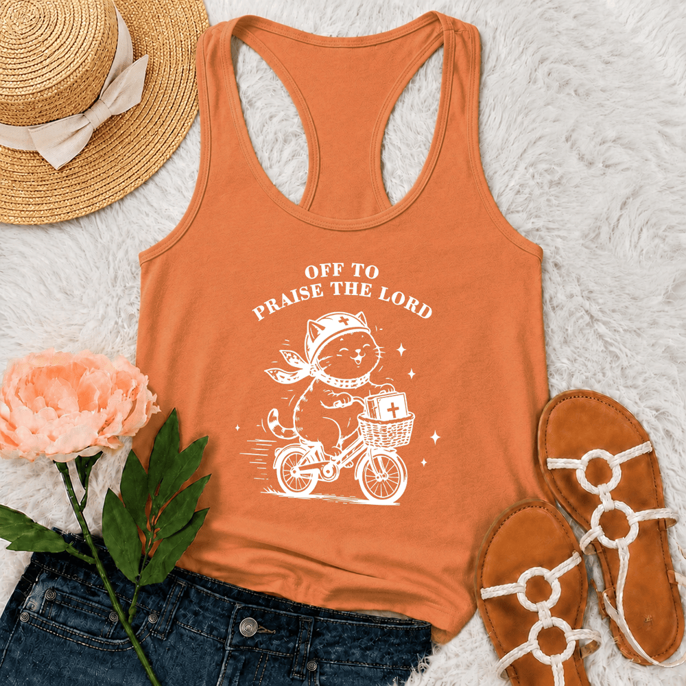 Christianartworkshop Niedliche Katze auf dem Weg zum Lobpreis des Herrn Racerback Tanktop - Orange - 2XL - image 27
