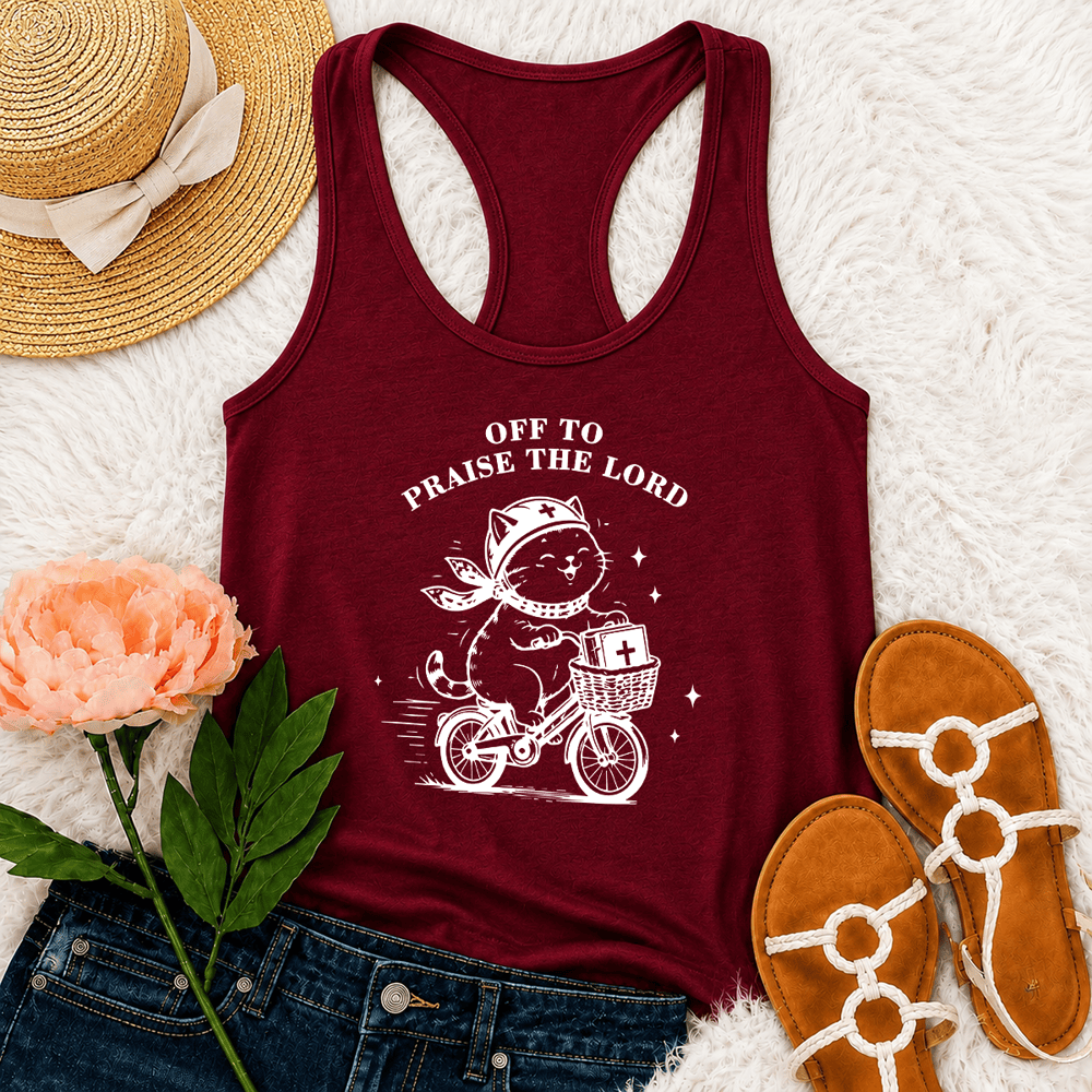 Christianartworkshop Niedliche Katze auf dem Weg zum Lobpreis des Herrn Racerback Tanktop - Wein - 2XL - image 24