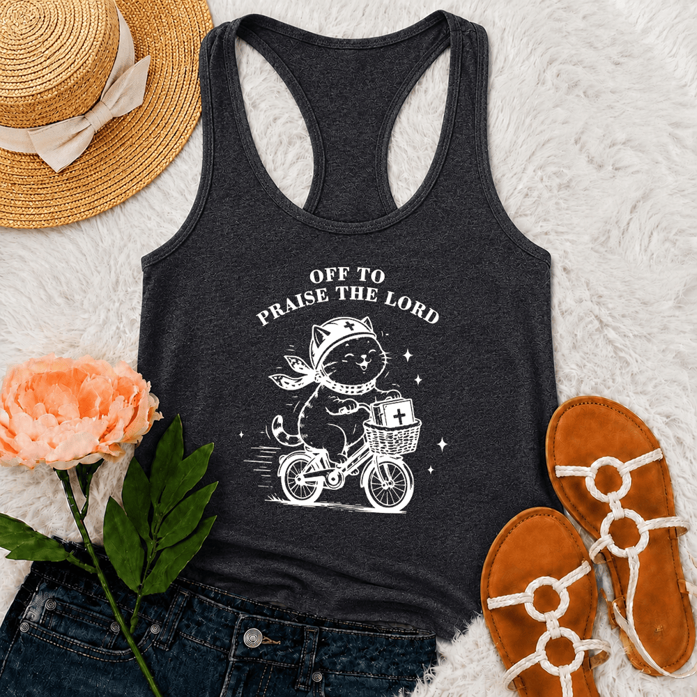 Christianartworkshop Niedliche Katze auf dem Weg zum Lobpreis des Herrn Racerback Tanktop - Grau - 2XL - image 9