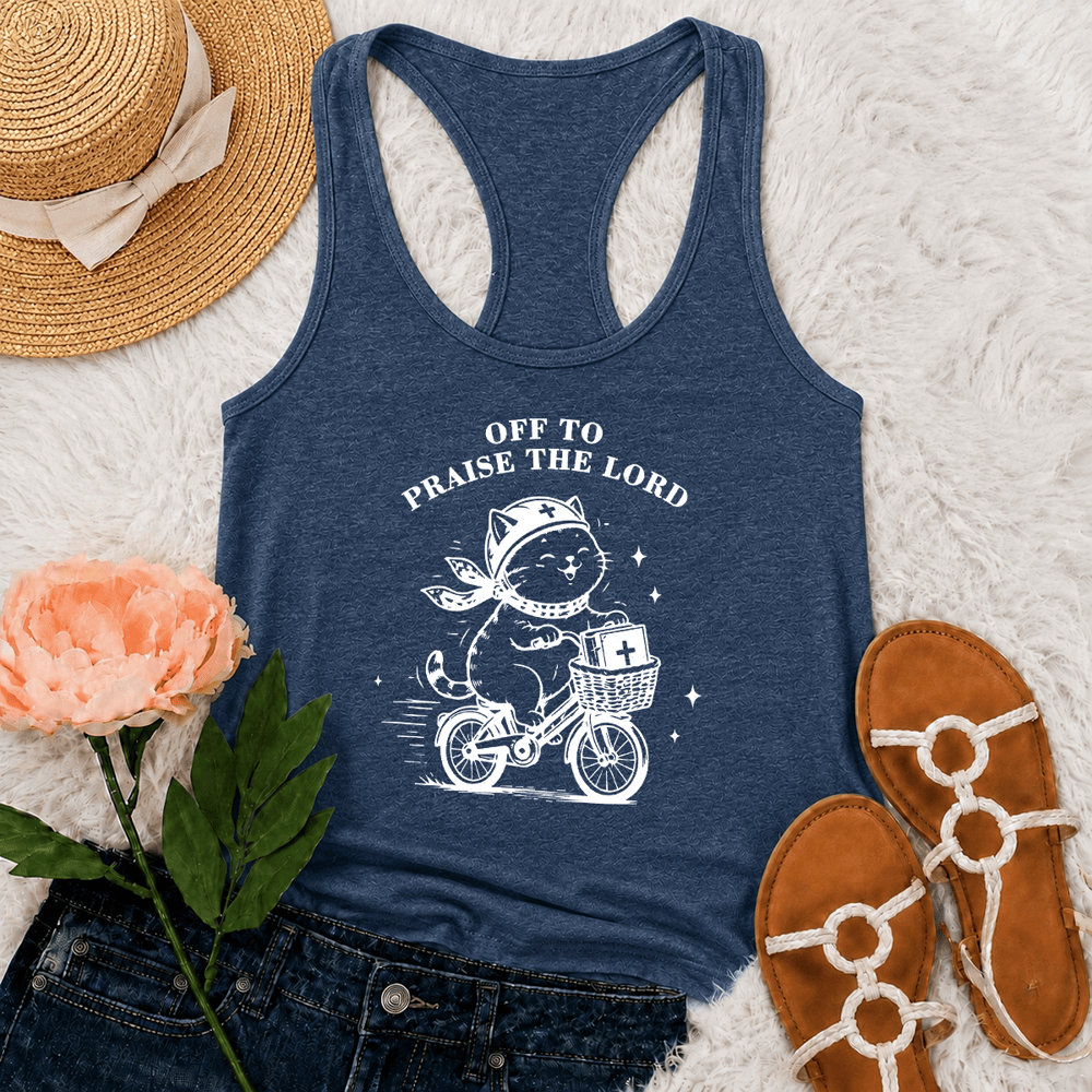 Christianartworkshop Niedliche Katze auf dem Weg zum Lobpreis des Herrn Racerback Tanktop - Marineblau - 2XL - image 12