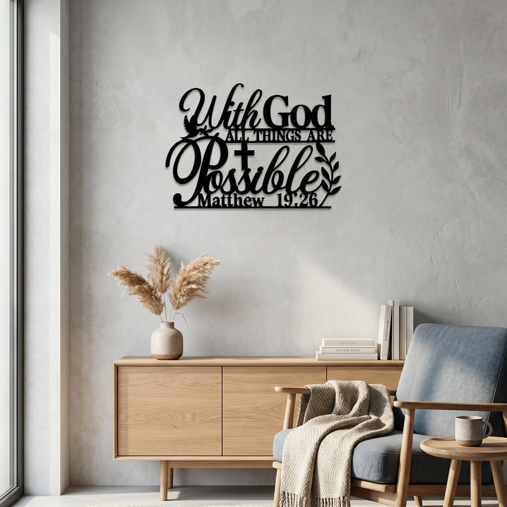 Christianartworkshop Wanddeko aus Metall mit gekreuzter Taube und Weinrebe: Symbol grenzenloser, hoffnungsvoller Gnade – „Mit Gott ist alles möglich“. - image 3