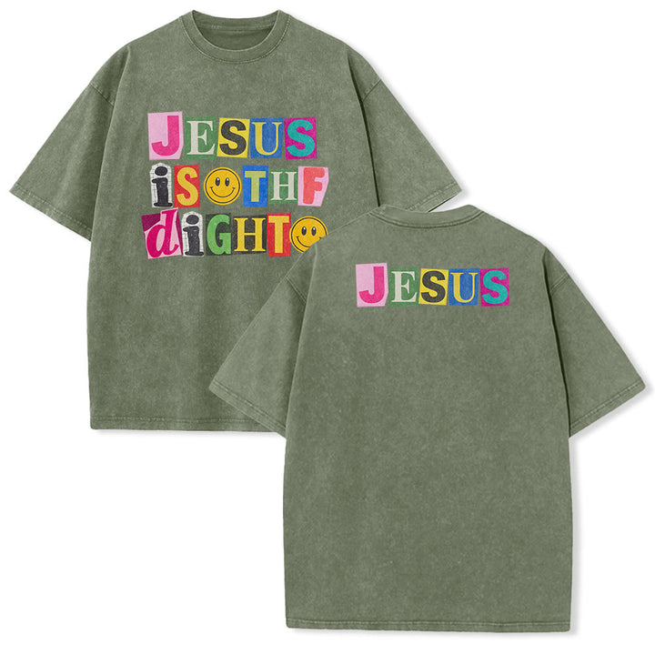 Christianartworkshop Jesus Is The Light Color Block Smile Graphic Washed Unisex T-Shirt - Armeegrün - 5XL - image 7
