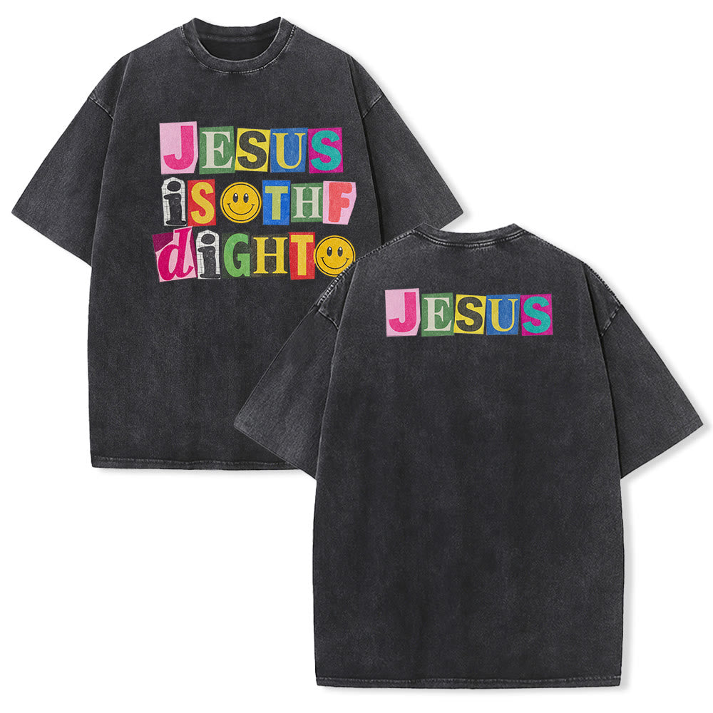 Christianartworkshop Jesus Is The Light Color Block Smile Graphic Washed Unisex T-Shirt - Schwarz - 5XL - image 1
