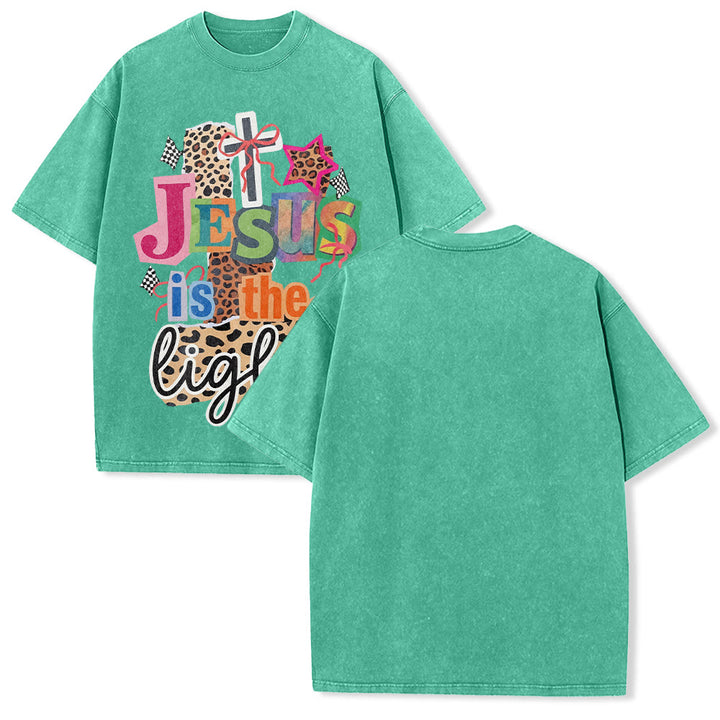 Christianartworkshop Jesus Is The Light Leopard Cross Bow Star Graphic Washed Unisex T-Shirt - Grün - 5XL - image 10