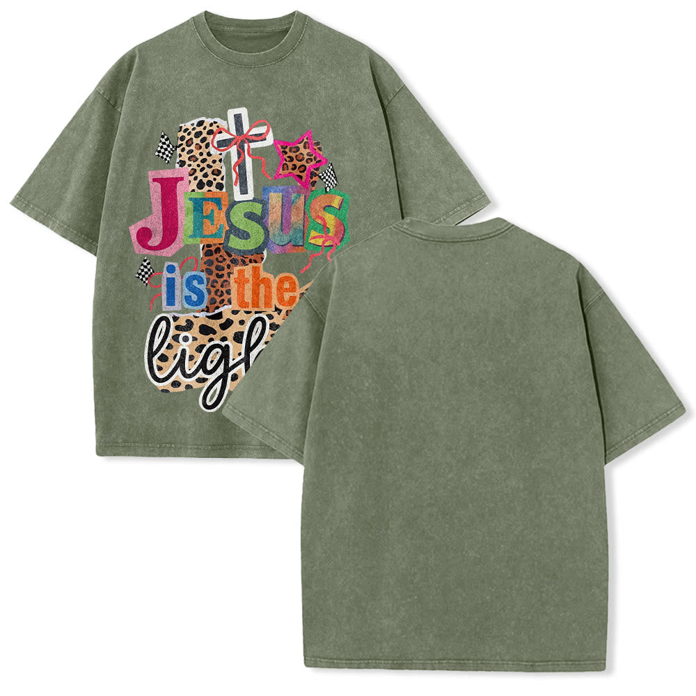 Christianartworkshop Jesus Is The Light Leopard Cross Bow Star Graphic Washed Unisex T-Shirt - Armeegrün - 5XL - image 7