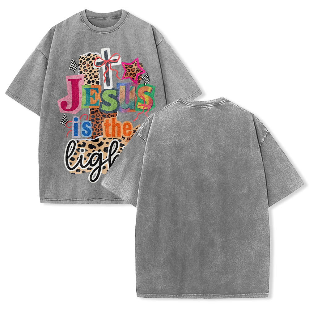 Christianartworkshop Jesus Is The Light Leopard Cross Bow Star Graphic Washed Unisex T-Shirt - Grau - 5XL - image 4