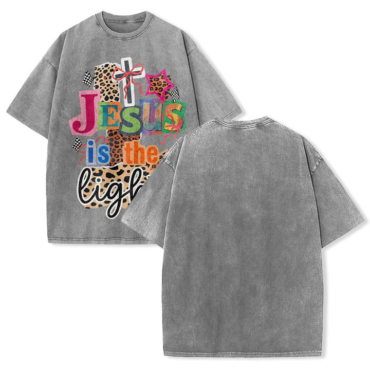 Christianartworkshop Jesus Is The Light Leopard Cross Bow Star Graphic Washed Unisex T-Shirt - Grau - 5XL - image 4