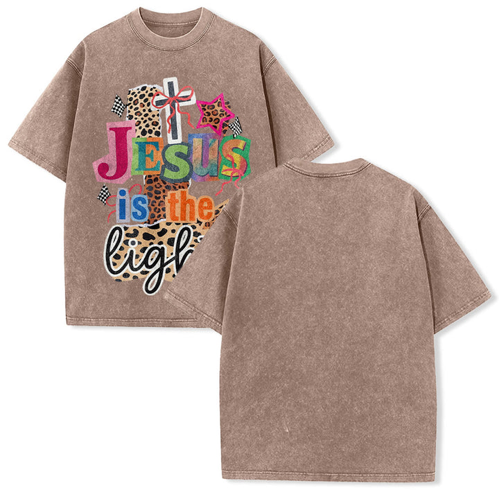 Christianartworkshop Jesus Is The Light Leopard Cross Bow Star Graphic Washed Unisex T-Shirt - Braun - 5XL - image 13