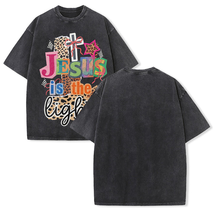 Christianartworkshop Jesus Is The Light Leopard Cross Bow Star Graphic Washed Unisex T-Shirt - Schwarz - 5XL - image 1