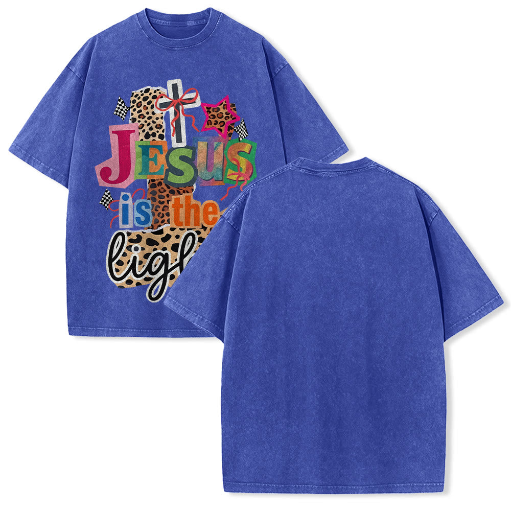 Christianartworkshop Jesus Is The Light Leopard Cross Bow Star Graphic Washed Unisex T-Shirt - Blau - 5XL - image 25