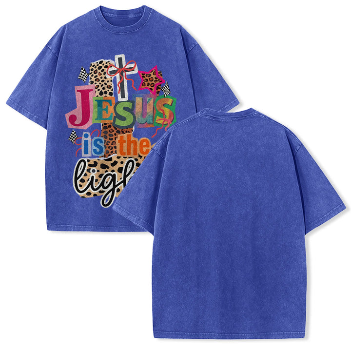 Christianartworkshop Jesus Is The Light Leopard Cross Bow Star Graphic Washed Unisex T-Shirt - Blau - 5XL - image 25