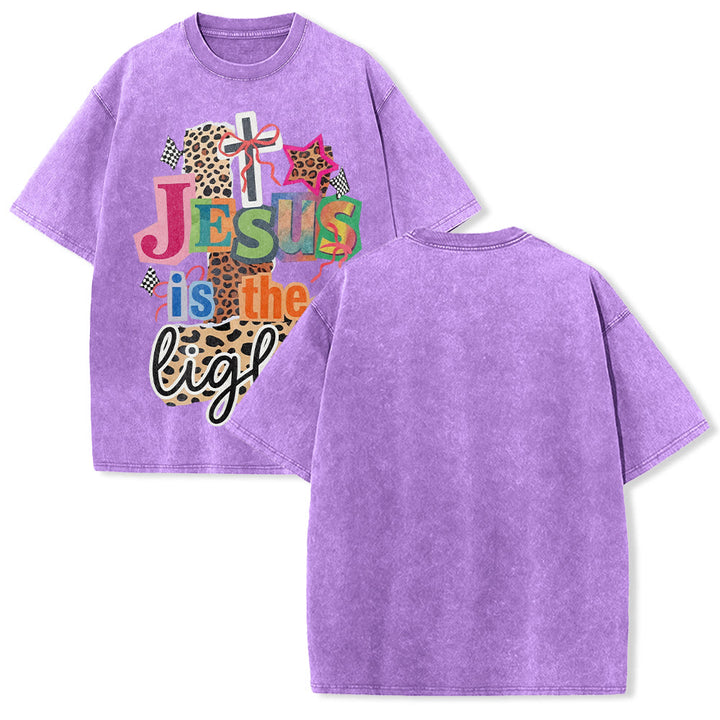 Christianartworkshop Jesus Is The Light Leopard Cross Bow Star Graphic Washed Unisex T-Shirt - Lila - 5XL - image 22