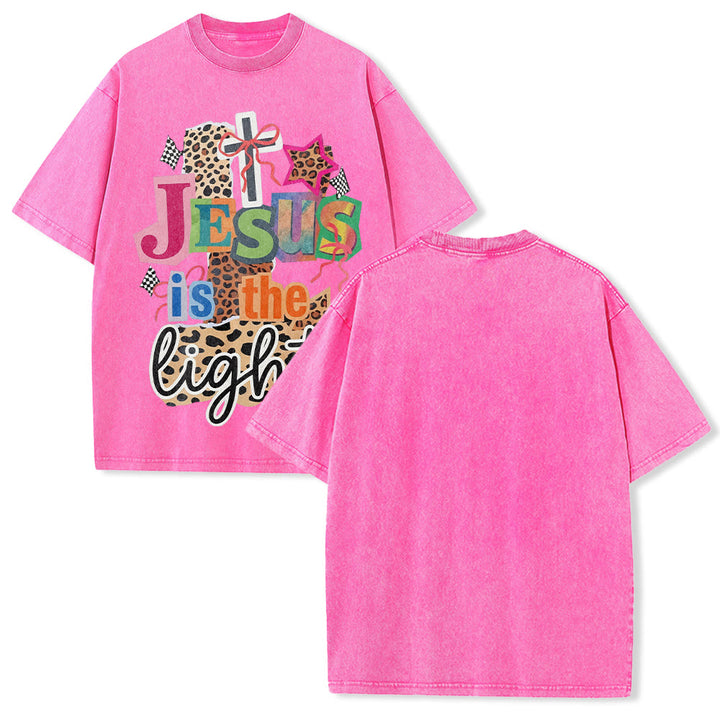 Christianartworkshop Jesus Is The Light Leopard Cross Bow Star Graphic Washed Unisex T-Shirt - Rosa - 5XL - image 19