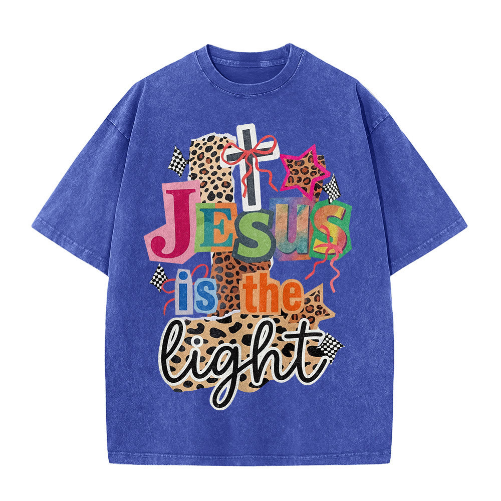 Christianartworkshop Jesus Is The Light Leopard Cross Bow Star Graphic Washed Unisex T-Shirt - image 26