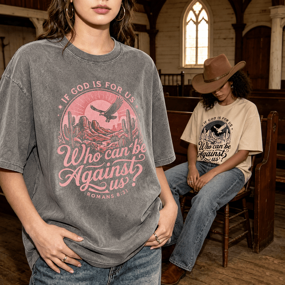 Christianartworkshop Wenn Gott für uns ist – Desert Eagle Cactus Römer 8,31 – Unisex-T-Shirt mit westlichem Glaubensmotiv - image 0