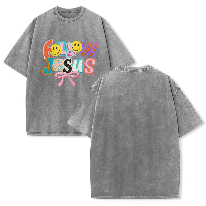 Christianartworkshop Folge Jesus – Lächeln, Schleife, Farbblock-Schriftzug, gewaschenes Unisex-T-Shirt - Grau - 5XL - image 4