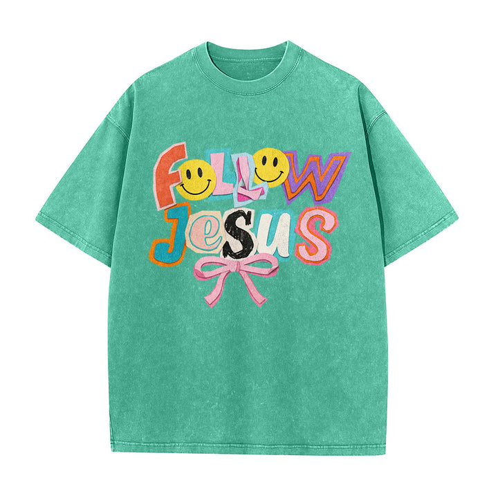 Christianartworkshop Folge Jesus – Lächeln, Schleife, Farbblock-Schriftzug, gewaschenes Unisex-T-Shirt - image 11