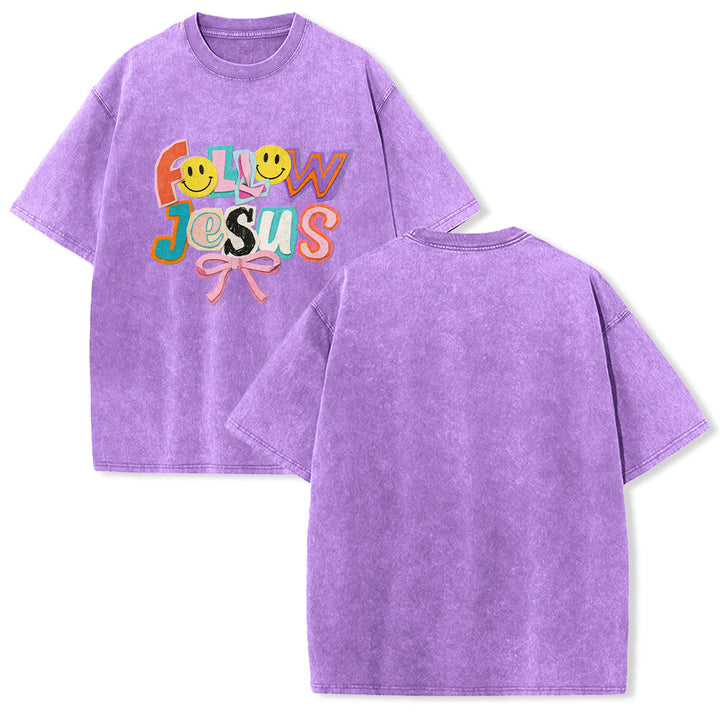Christianartworkshop Folge Jesus – Lächeln, Schleife, Farbblock-Schriftzug, gewaschenes Unisex-T-Shirt - Lila - 5XL - image 22