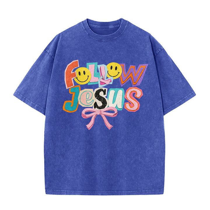 Christianartworkshop Folge Jesus – Lächeln, Schleife, Farbblock-Schriftzug, gewaschenes Unisex-T-Shirt - image 26