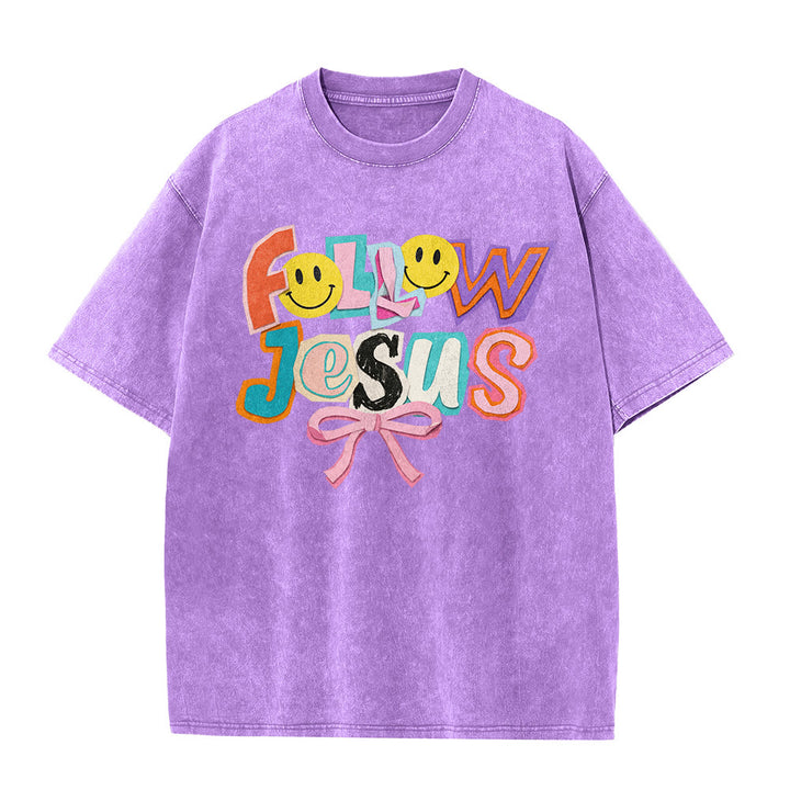 Christianartworkshop Folge Jesus – Lächeln, Schleife, Farbblock-Schriftzug, gewaschenes Unisex-T-Shirt - image 23