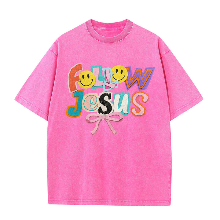 Christianartworkshop Folge Jesus – Lächeln, Schleife, Farbblock-Schriftzug, gewaschenes Unisex-T-Shirt - image 20